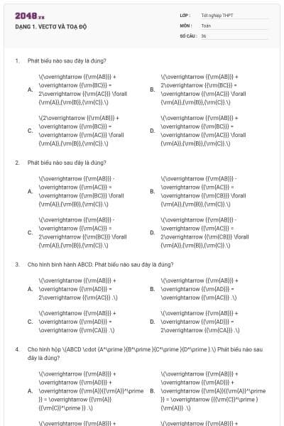 DẠNG 1. VECTƠ VÀ TOẠ ĐỘ