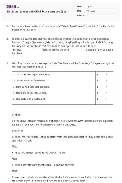 Bài tập Unit 2: Aday in the life E. Plan a party có đáp án