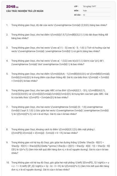 CÂU TRẮC NGHIỆM TRẢ LỜI NGẮN