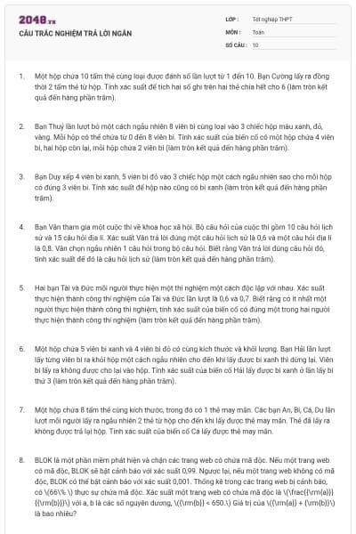 CÂU TRẮC NGHIỆM TRẢ LỜI NGẮN