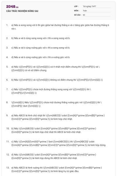 CÂU TRẮC NGHIỆM ĐÚNG SAI