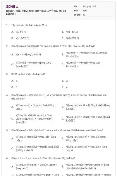 DẠNG 1. KHÁI NIỆM, TÍNH CHẤT CỦA LUỸ THỪA, MŨ VÀ LÔGARIT
