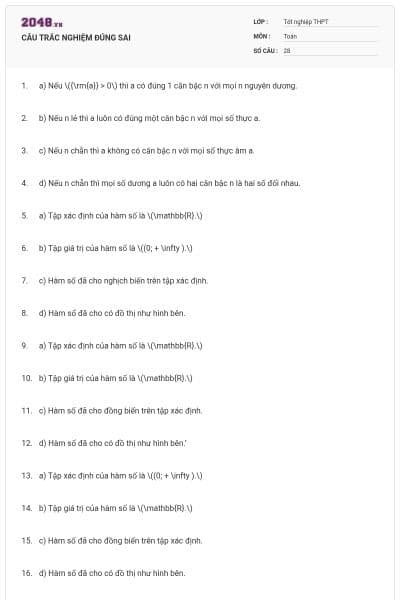 CÂU TRẮC NGHIỆM ĐÚNG SAI