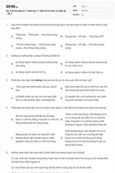 Bộ 3 đề thi giữa kì 1 Sinh học 11 Kết nối tri thức có đáp án - Đề 1