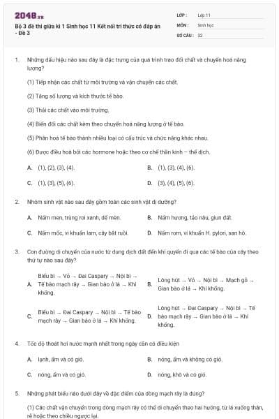 Bộ 3 đề thi giữa kì 1 Sinh học 11 Kết nối tri thức có đáp án - Đề 3