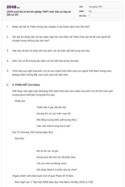 (2025 mới) Đề ôn thi tốt nghiệp THPT môn Văn có đáp án (Đề số 29)