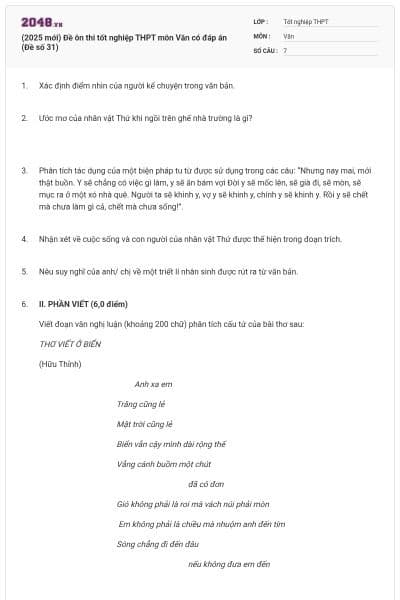 (2025 mới) Đề ôn thi tốt nghiệp THPT môn Văn có đáp án (Đề số 31)