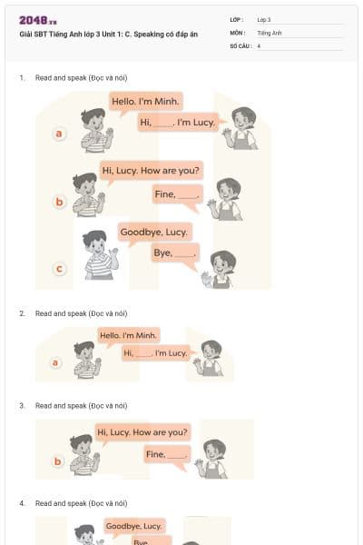 Giải SBT Tiếng Anh lớp 3 Unit 1: C. Speaking có đáp án