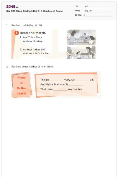 Giải SBT Tiếng Anh lớp 3 Unit 3: D. Reading có đáp án