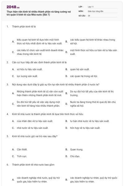 Thực hiện nền kinh tế nhiều thành phần và tăng cường vai trò quản lí kinh tế của Nhà nước (Bài 7)