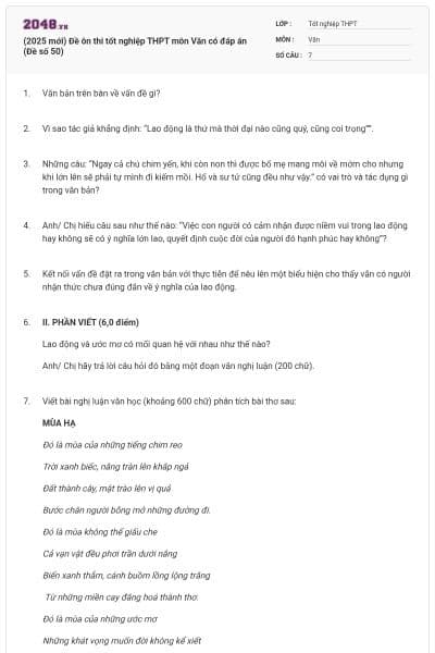 (2025 mới) Đề ôn thi tốt nghiệp THPT môn Văn có đáp án (Đề số 50)