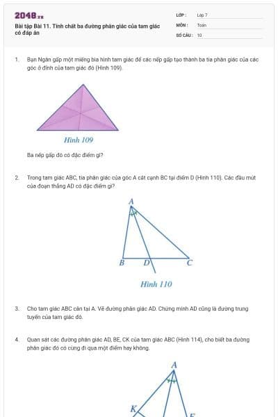 Bài tập Bài 11. Tính chất ba đường phân giác của tam giác có đáp án