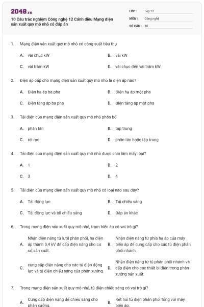 10 Câu trắc nghiệm Công nghệ 12 Cánh diều Mạng điện sản xuất quy mô nhỏ có đáp án