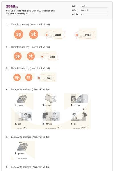 Giải SBT Tiếng Anh lớp 3 Unit 7: A. Phonics and Vocabulary có đáp án