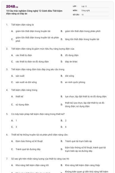 10 Câu trắc nghiệm Công nghệ 12 Cánh diều Tiết kiệm điện năng có đáp án