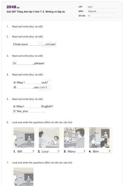 Giải SBT Tiếng Anh lớp 3 Unit 7: E. Writing có đáp án