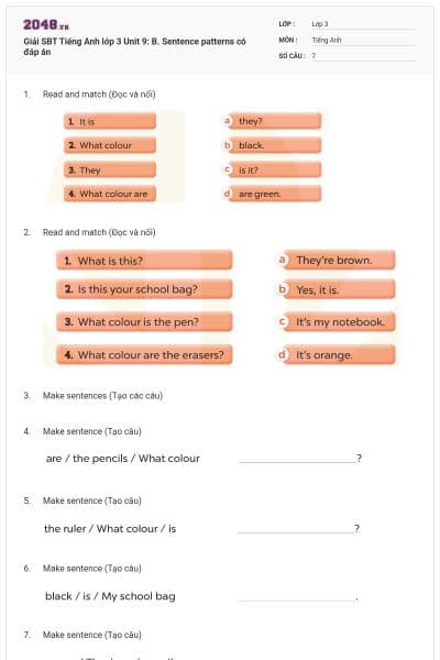 Giải SBT Tiếng Anh lớp 3 Unit 9: B. Sentence patterns có đáp án