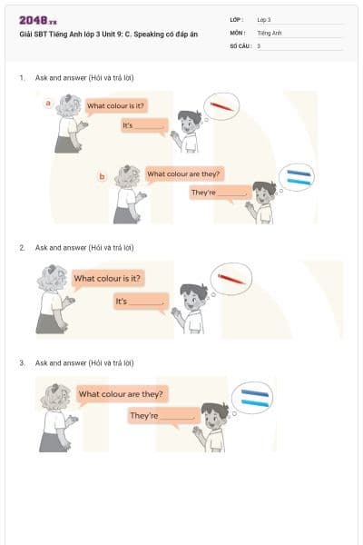 Giải SBT Tiếng Anh lớp 3 Unit 9: C. Speaking có đáp án