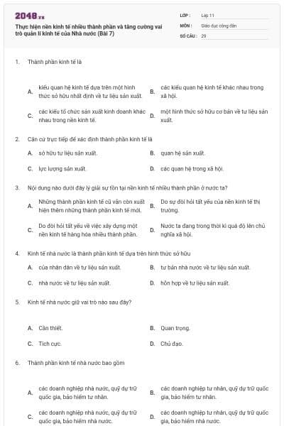 Thực hiện nền kinh tế nhiều thành phần và tăng cường vai trò quản lí kinh tế của Nhà nước (Bài 7)
