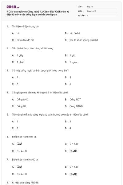 9 Câu trắc nghiệm Công nghệ 12 Cánh diều Khái niệm về điện tử số và các cổng logic cơ bản có đáp án