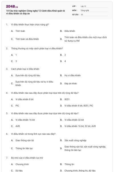 10 Câu trắc nghiệm Công nghệ 12 Cánh diều Khái quát về vi điều khiển có đáp án