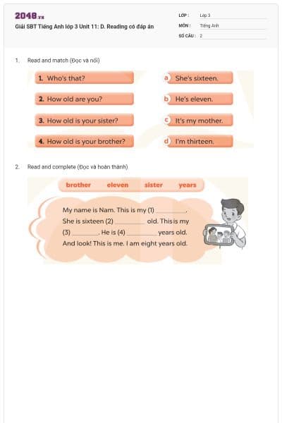 Giải SBT Tiếng Anh lớp 3 Unit 11: D. Reading có đáp án