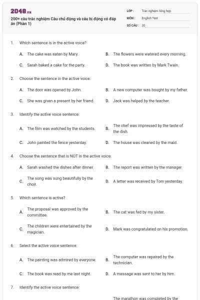 200+ câu trắc nghiệm Câu chủ động và câu bị động có đáp án (Phần 1)