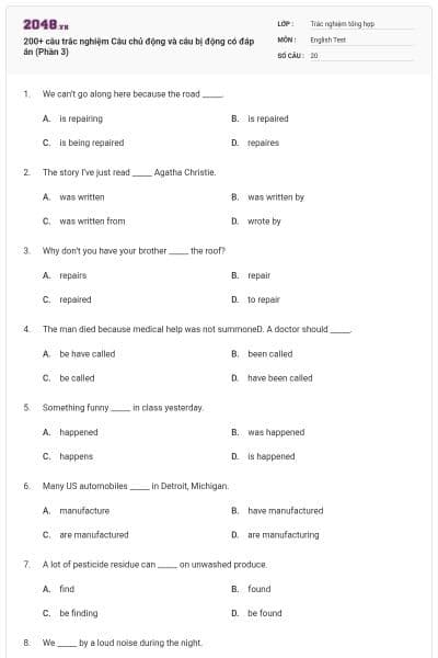 200+ câu trắc nghiệm Câu chủ động và câu bị động có đáp án (Phần 3)