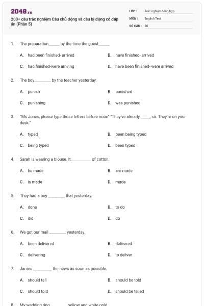 200+ câu trắc nghiệm Câu chủ động và câu bị động có đáp án (Phần 5)