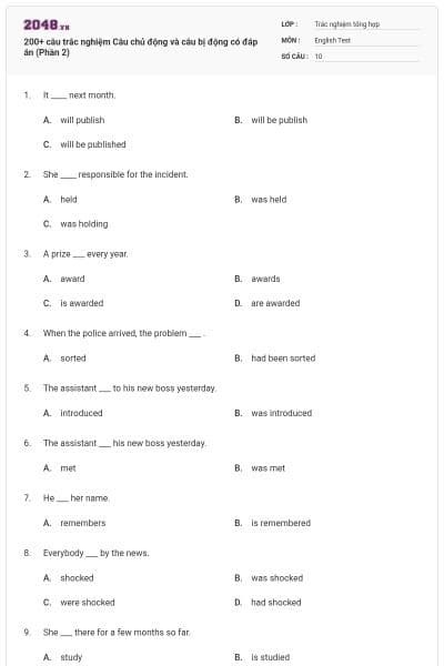 200+ câu trắc nghiệm Câu chủ động và câu bị động có đáp án (Phần 2)