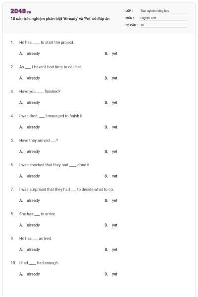 10 câu trắc nghiệm phân biệt 'Already' và 'Yet' có đáp án