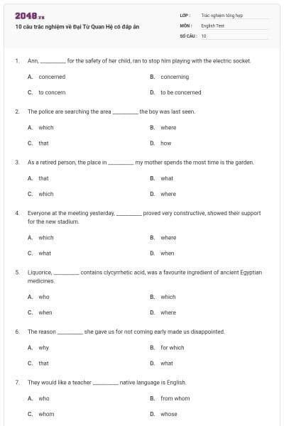 10 câu trắc nghiệm về Đại Từ Quan Hệ có đáp án