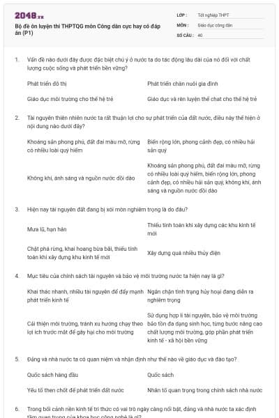 Bộ đề ôn luyện thi THPTQG môn Công dân cực hay có đáp án (P1)