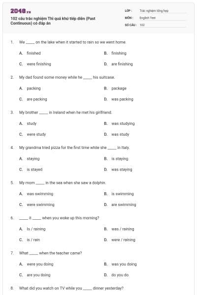 102 câu trắc nghiệm Thì quá khứ tiếp diễn (Past Continuous) có đáp án