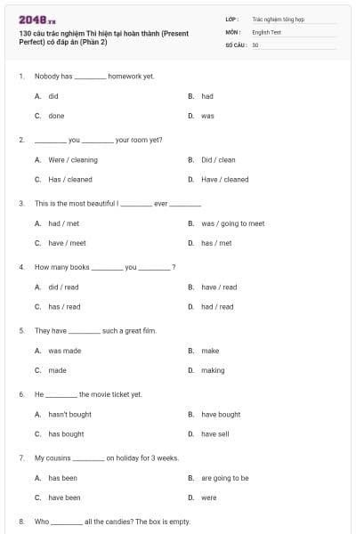 130 câu trắc nghiệm Thì hiện tại hoàn thành (Present Perfect) có đáp án (Phần 2)