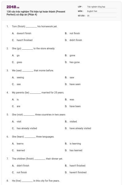 130 câu trắc nghiệm Thì hiện tại hoàn thành (Present Perfect) có đáp án (Phần 4)
