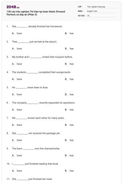 130 câu trắc nghiệm Thì hiện tại hoàn thành (Present Perfect) có đáp án (Phần 5)