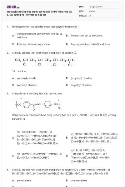 Trắc nghiệm tổng hợp ôn thi tốt nghiệp THPT môn Hóa Bài 8. Đại cương về Polymer có đáp án