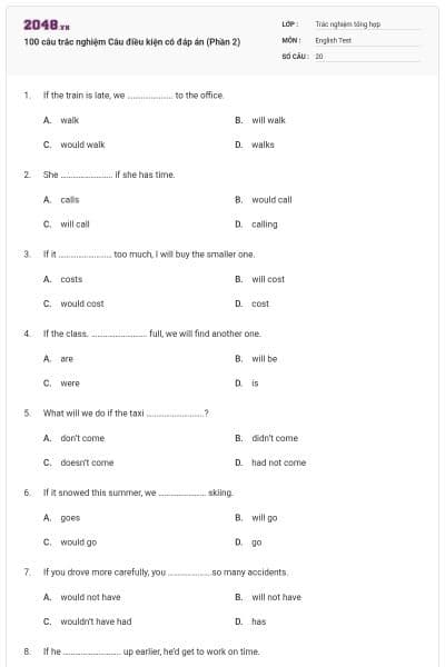 100 câu trắc nghiệm Câu điều kiện có đáp án (Phần 2)
