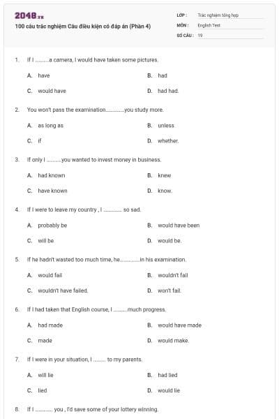 100 câu trắc nghiệm Câu điều kiện có đáp án (Phần 4)