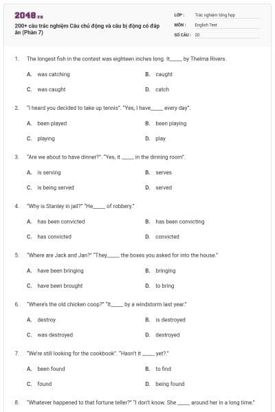 200+ câu trắc nghiệm Câu chủ động và câu bị động có đáp án (Phần 7)