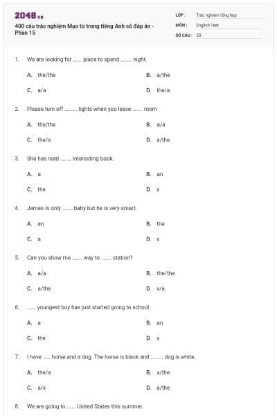 400 câu trắc nghiệm Mạo từ trong tiếng Anh có đáp án - Phần 15