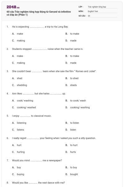 60 câu Trắc nghiệm tổng hợp Động từ Gerund và infinitive có đáp án (Phần 1)