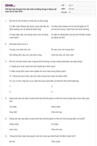 399 Bài tập Chuyển hóa Vật chất và Năng lượng ở Động vật mức độ cơ bản (P9)