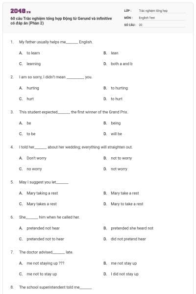 60 câu Trắc nghiệm tổng hợp Động từ Gerund và infinitive có đáp án (Phần 2)
