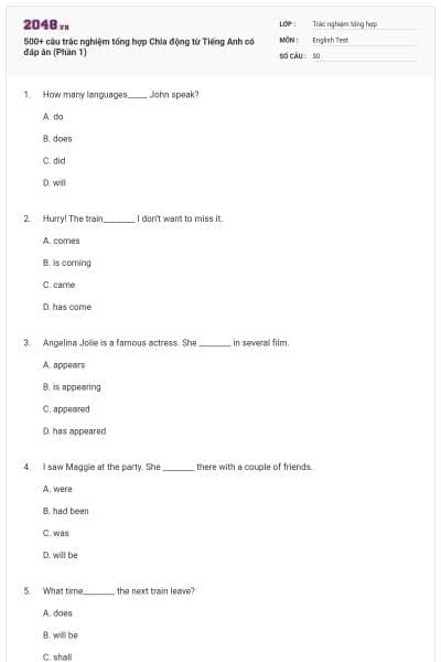 500+ câu trắc nghiệm tổng hợp Chia động từ Tiếng Anh có đáp án (Phần 1)