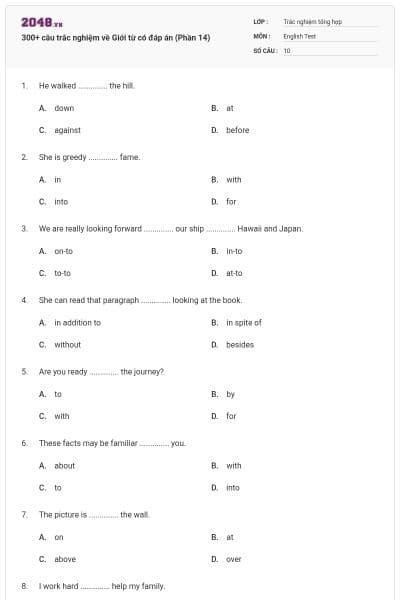 300+ câu trắc nghiệm về Giới từ có đáp án (Phần 14)