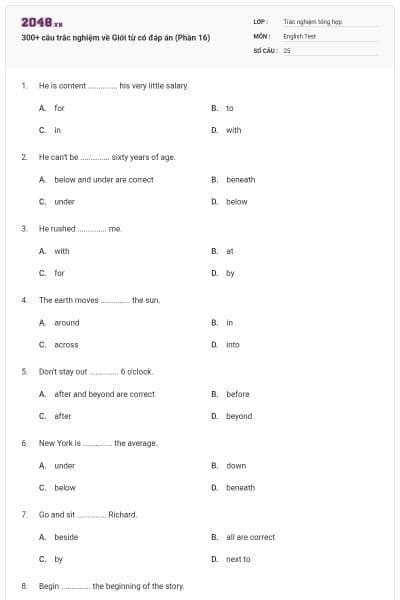 300+ câu trắc nghiệm về Giới từ có đáp án (Phần 16)