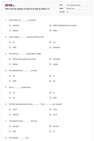 300+ câu trắc nghiệm về Giới từ có đáp án (Phần 17)