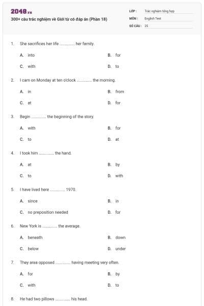 300+ câu trắc nghiệm về Giới từ có đáp án (Phần 18)